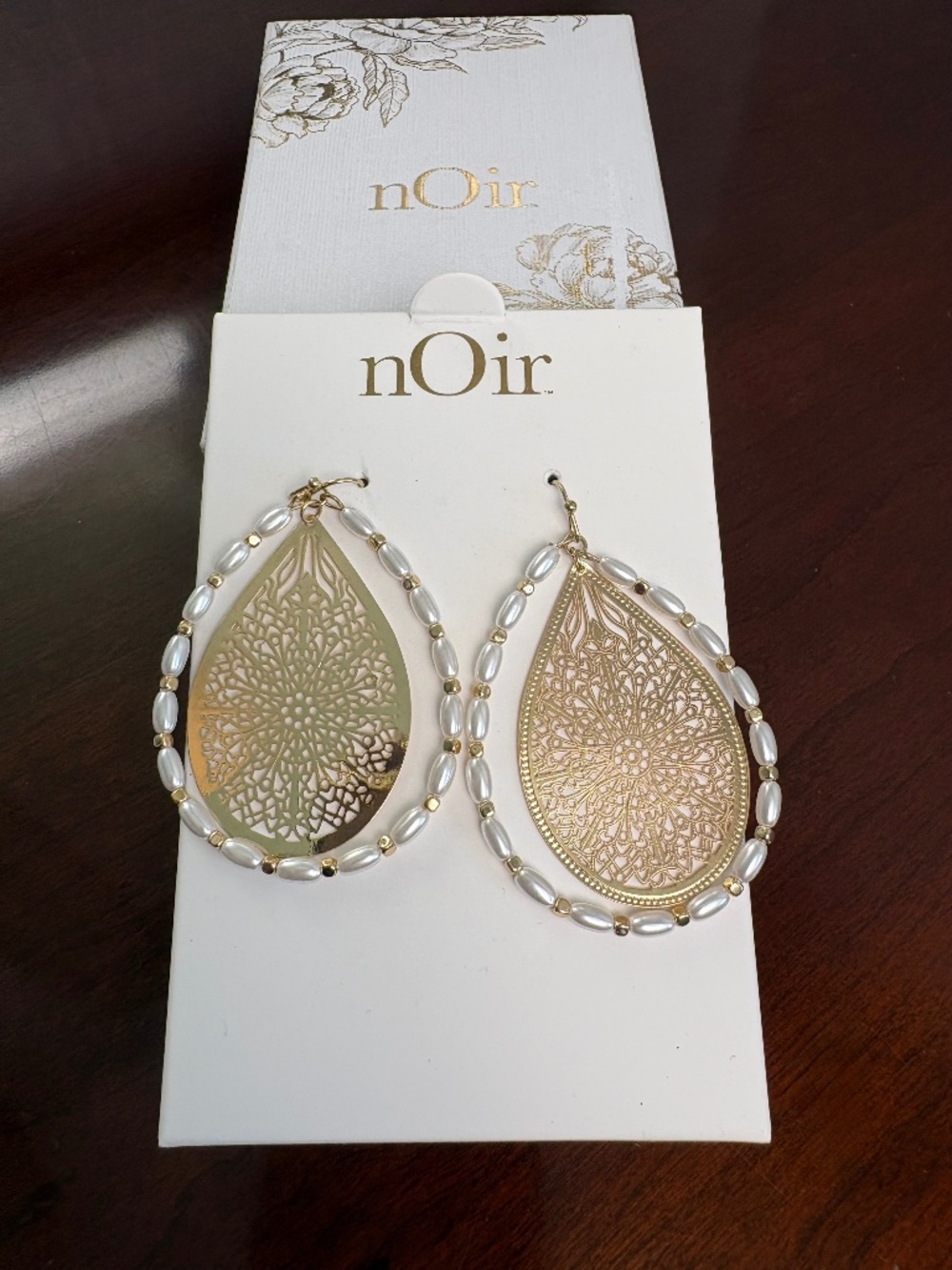nOir Jewelry Filagree and Faux Pearl Teardrop Earrings in Gold Tone